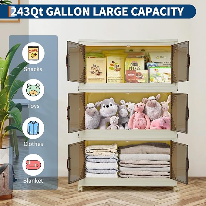 GarveeHome 243QT Stackable Storage Bins, Folding Storage Box with Magnetic Doors & Wheels, Loset Organizers and Storage with Lids, Collapsible Plastic Drawers for Bedroom Kitchen Office, White
