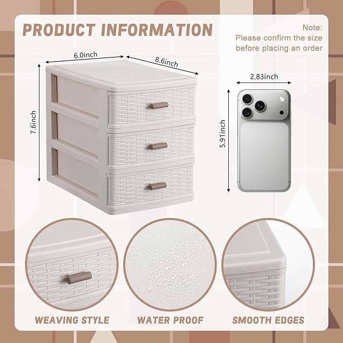 Small Storage Desk Wicker Weave Drawer 3 Drawers Plastic Storage Mini Plastic Weave Drawer Unit with Pull Handles Desk Organizer for Office Supplies Craft Countertop Makeup Bathroom(White)