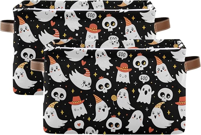 xigua Halloween Ghost Storage Basket Collapsible Storage Bins Waterproof Canvas Storage Basket with Leather Handles for Home Closets Offices,Bedrooms,Gift Baskets,1PCS