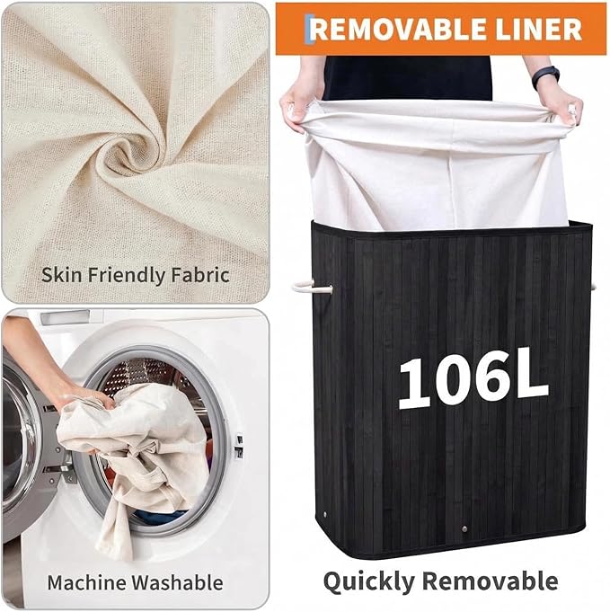 GarveeHome Folding Bamboo Laundry Hamper with Lid, 27.5 Gallon Wooden Laundry Basket with Washable Liner Bag, Slim Clothes Storage Hamper for Small Bedrooms Apartments Dorms (Black - Rectangle)