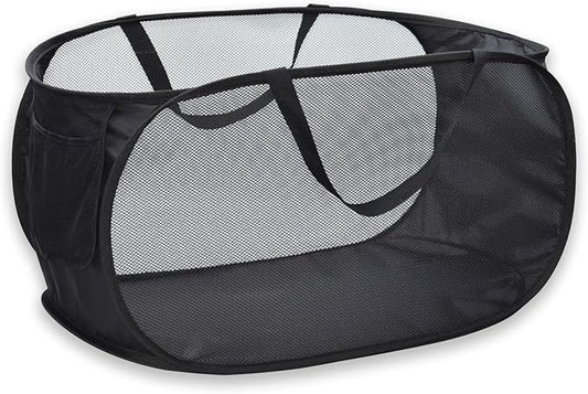 Pop Up Laundry Hamper,Collapsible Horizontal Baskets with Handles & Side Pocket,Foldable Sturdy mesh for Laundry Room,Bathroom,Kids Room,College Dorm or Travel (Black)