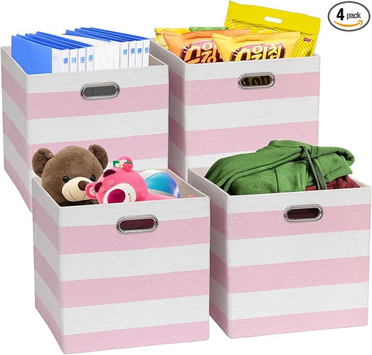 Posprica Storage Bins Storage Cubes,13×13 Collapsible Storage Boxes Containers Organizer Baskets for Nursery,Office,Closet,Shelf - 4pcs,Pink-white Striped