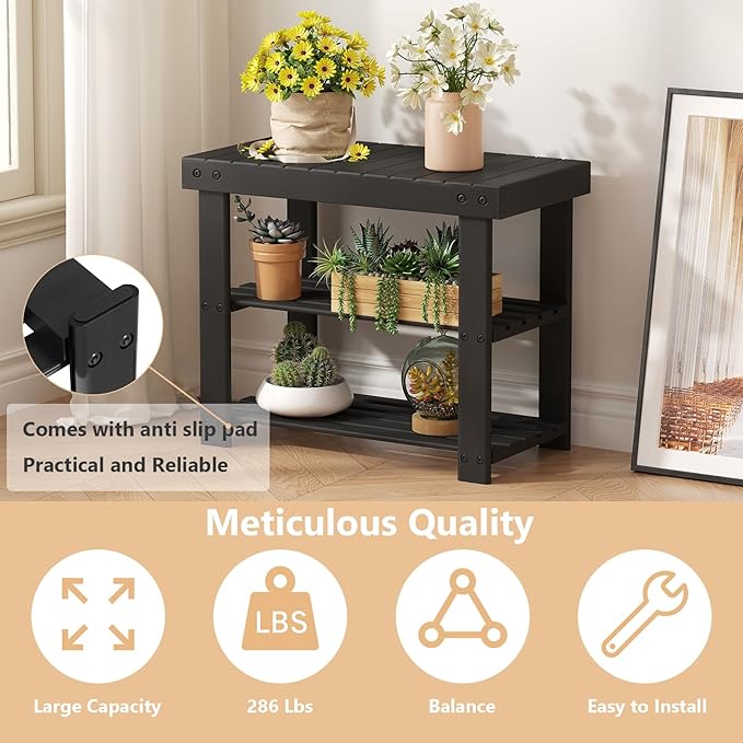 Sweetcrispy Shoe Rack Bench, 3-Tier Bamboo Entryway Storage Organizer, 286lb Capacity, Shoes Stand for FrontDoor Entrance, Bedroom, Living Room, Bathroom, Balcony, 19 Inches Length, Black