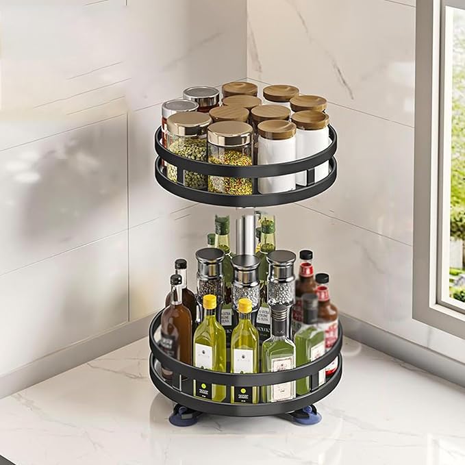 Rotating Spice Rack, Multi-Layer Tier Lazy Susan Turntable, Rotates 360 Degrees, Adjustable Shelves, Double Layer, and A Revolving Design Make it the Perfect Spice Holder ( Color : Black , Size : 2 la