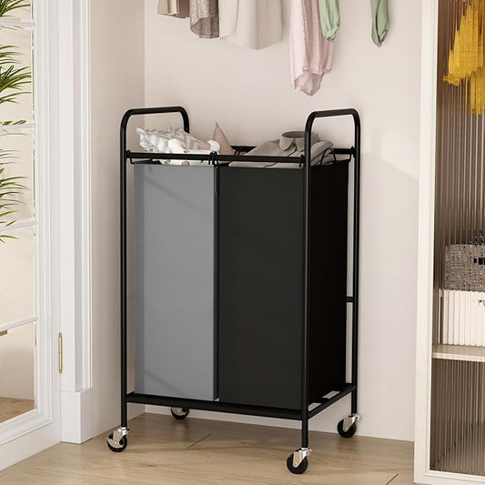 2 Section Laundry Hamper, 80L Large Rolling Laundry Sorter Cart, Laundry Basket with Lockable Wheels & Removable Bags, Laundry Room Organization for Dirty Clothes Storage