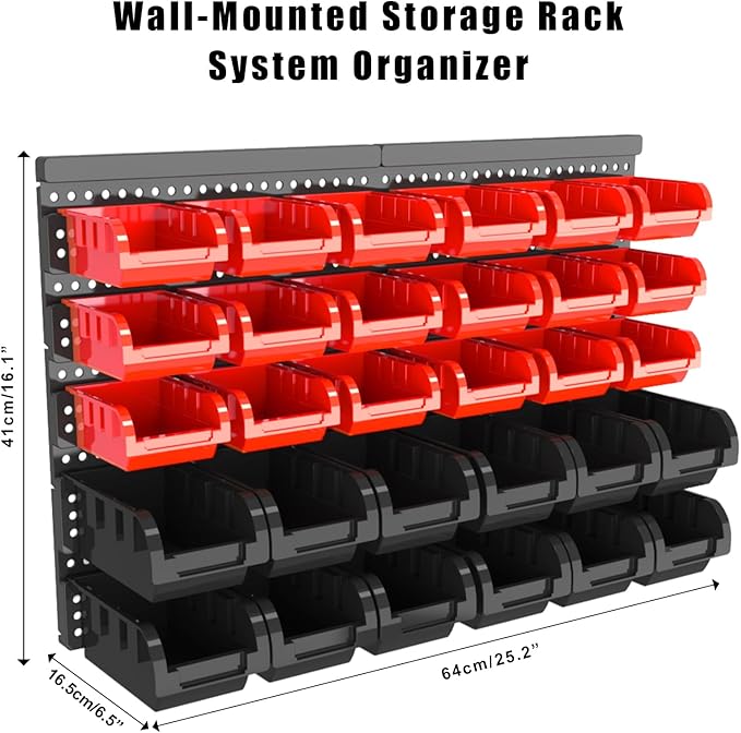 Wall Mounted Storage Bins, Nut and Bolt Organizer, Plastic Bolt Bin, Screw Organizer, Storage Bins for Garage (RED+BLACK, SMALL(30PCS))