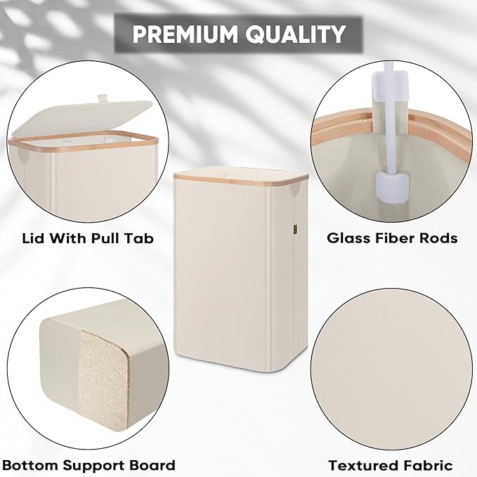 BALEINE Laundry Hamper with Lid, Tall Laundry Baskets with Bamboo Pull Handles, Large Laundry Bin with Internal Support (18 Gal/70L, Beige)