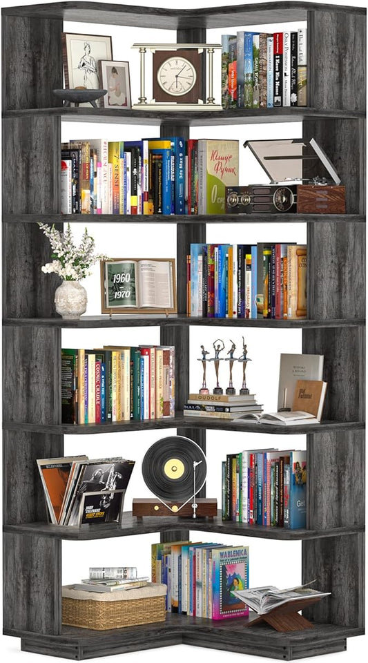 Armocity Corner Book Shelf - 7 Tier Corner Bookshelf Etagere Bookcase with Baffle, Freestanding L Shaped Display Shelf Stand for Home Office, Living Room, Bedroom, Kitchen, Grey Oak