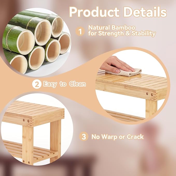 Sweetcrispy Shoe Rack Bench, 3-Tier Bamboo Entryway Storage Organizer, 286lb Capacity, Shoes Stand for Front Door Entrance, Bedroom, Living Room, Bathroom, Balcony, 11.3 x 27.6 x 17.8 Inches, Wood