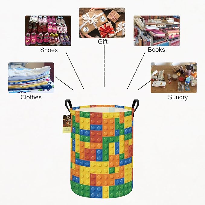 HUNRUNG Collapsible Fabric Storage Basket, Waterproof Laundry Hamper with Handles, Round Storage Bin for Clothes Toys, Foldable Organizer for Bedroom Nursery Bathroom(Round-Colorful Blocks)