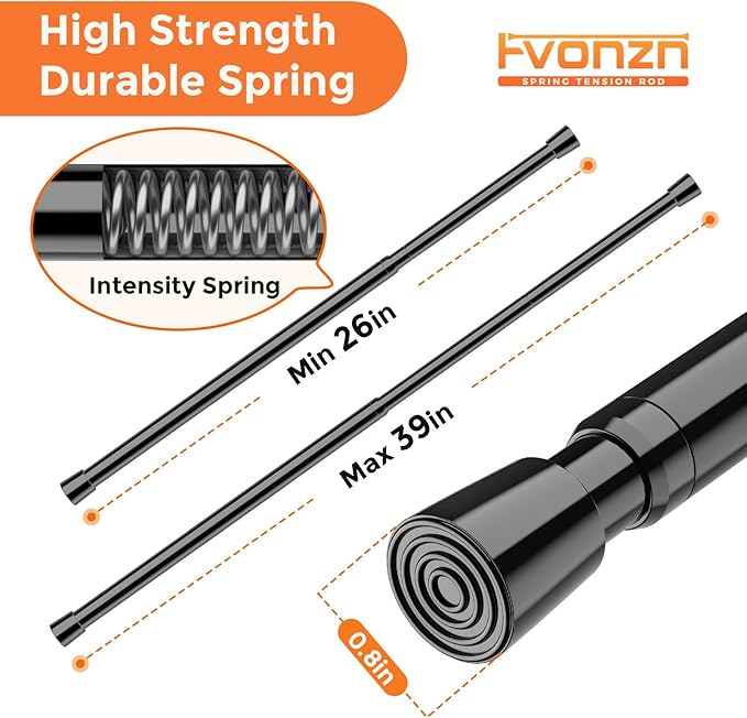 FVONZON Tension Curtain Rod Black Spring Tension Curtain Rods 26-39 inch 2Pack Adjustable Spring Rods Extendable Tension Rod For Closet, Window, Kitchen,Bookshelf,Bathroom