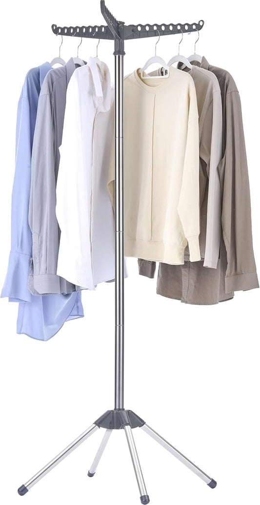 CASAMAYA Clothes Drying Rack Foldable, 59 inch Tripod Laundry Drying Rack Indoor with Rotating Clothes Rail for 27 Pieces of Clothes, Space Saving, Stainless Steel, Grey and Silver CDR001G01