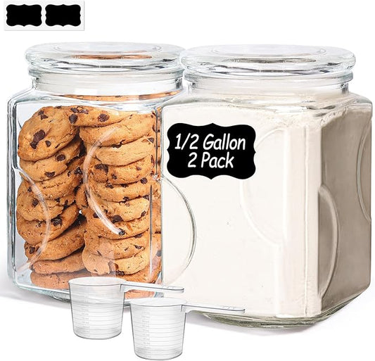 ComSaf 64 oz Glass Jar with Lid, 2 QT Pantry Storage Containers set with Glass Lids, Flour Sugar Storage Containers, Half Gallon Jars for Kitchen Storage and Laundry Room Containers, Set of 2