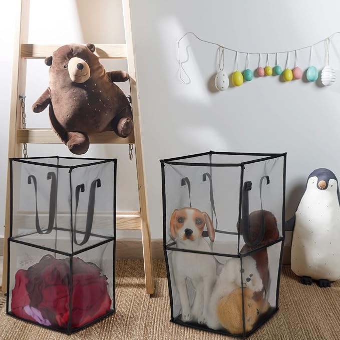 Zopeal 3 Pack Popup Laundry Hamper 13 Inch Collapsible Laundry Baskets with Handles Mesh Clothes Baskets Portable Foldable Clothes Hamper Square Bin for Washing (Black,Double-layer)