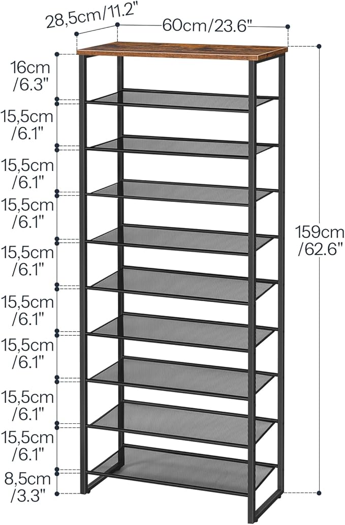 HOOBRO 10-Tier Shoe Rack for Entryway, 23.6" L Shoe Storage Organizer, Large Capacity Shoe Shelf for Closet, Front Door Entrance, Hallway, Holds 27-30 Pairs of Shoes, Rustic Brown and Black BF601XJ01