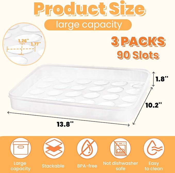 3 Pack Deviled Egg Containers with Lid, 90 Slot Easter Plastic Egg Holder for Refrigerator, Clear Storage Egg Carrier Tray Stackable Egg Dispense for Party, Travel, Camping