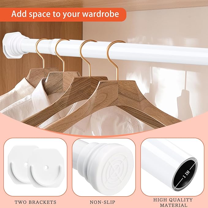Closet Rod, 30 to 42 Inch Adjustable Closet Rods for Hanging Clothes Heavy Duty Closet Hanging Rod White Closet Poles for Wardrobes with No Drilling Holder