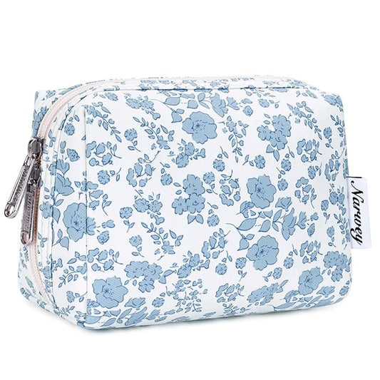 Narwey Small Cute Floral Makeup Bag for Purse Mini Cosmetic Bag Travel Makeup Pouch Zipper Pouch Cute Make up Bags with Compartments for Women Girls (Blue Flower, Small)