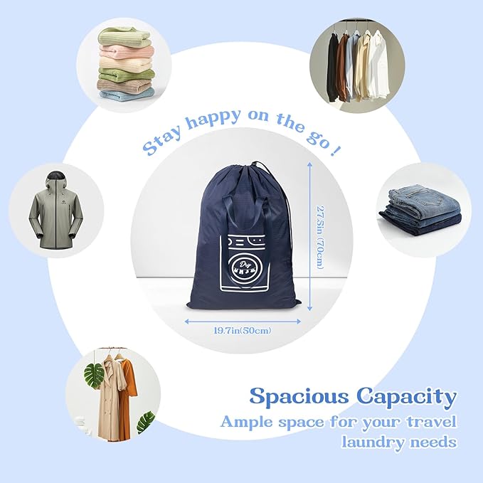 Heavy Duty Laundry Bag, Machine Washable Nylon, Splash-Resistant Dirty Clothes Storage Bag with Drawstring & Handles丨Lightweight, Foldable & Space-Saving for College Dorm, Camping, Trips, Cruise, 50L