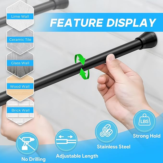 Small Tension Rod 16 to 26 Inch Black Spring Curtain Rod No Drilling Spring Tension Rod 4pack Adjustable Curtain Rod Tension for Bookshelf Diy Projects Kitchen, Cupboard,Tension Rod
