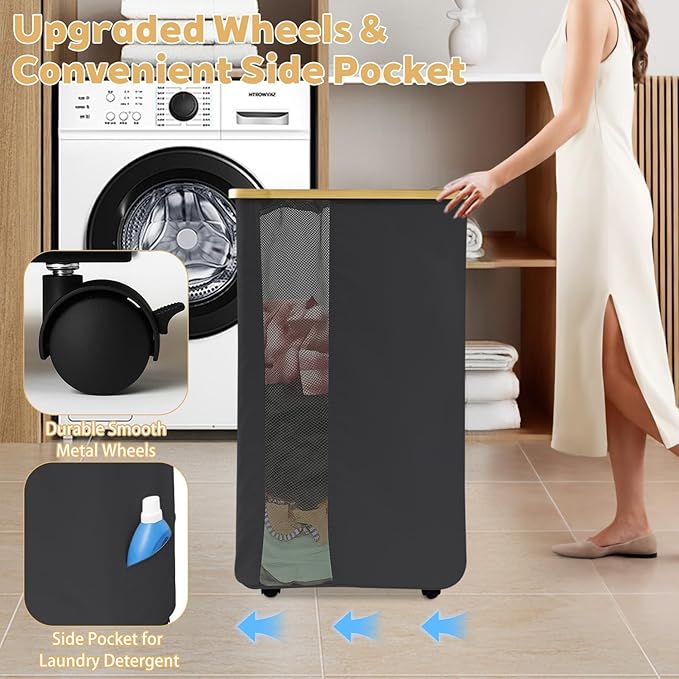 Rolling Laundry Hamper with Lid & Wheels, 110L Slim Double Black Laundry Hamper 2 Section, Narrow Large Laundrys Hampers with Removable Bags&Breathable Mesh, Dirty Clothes Hampers for Bedroom