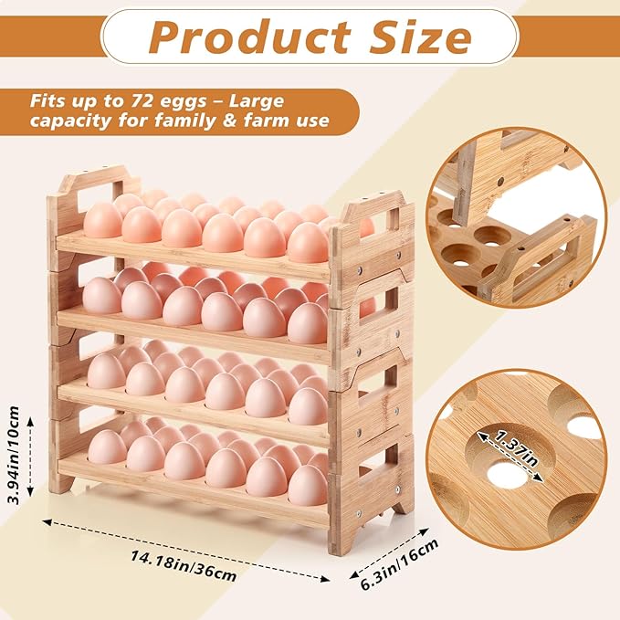 Reallnaive 4 Tier Wooden Egg Holder for Countertop, Bamboo Stackable Fresh Eggs Storage Farmhouse Collecting Rack for Gathering Kitchen Organizer or Easter Egg Display, Stackable with 72 Eggs(Wood)