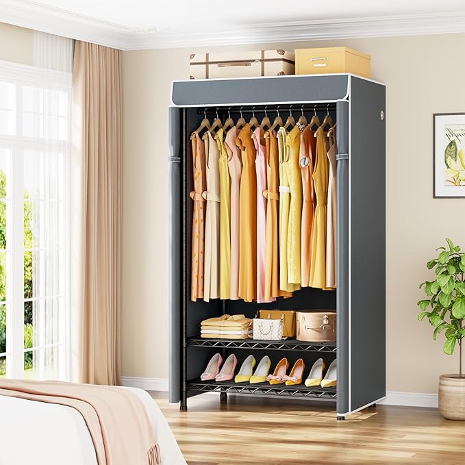 ULIFHOME H5C Clothes Rack with Cover, Portable Closet for Hanging Clothes, Covered Clothing Racks Heavy Duty, Freestanding Garment Racks with Shelves, Max Load 360LBS Black Closet Rack with Gray Cover