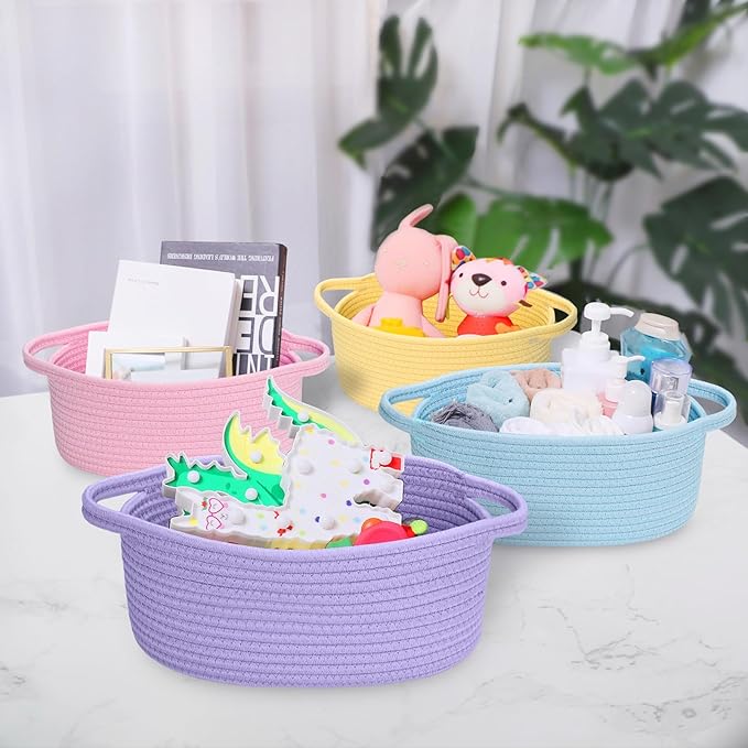 ABenkle Small Basket with Handles - Decorative Durable Rope Woven Storage Bin Shelf Storage Organizer Cube, Easter Baby Gift Basket, 12"x8"x5", Blue