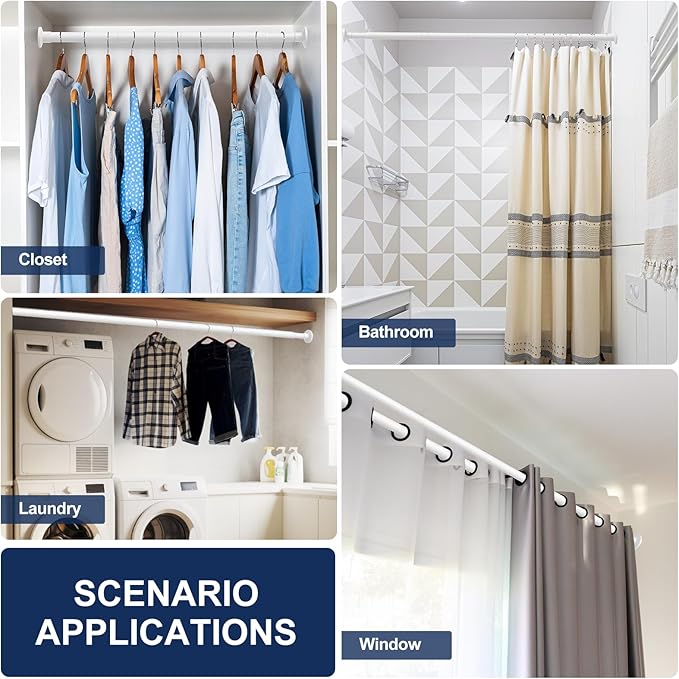 No Drilling Closet Rod, 27.5-39 Inches Hanging Closet Rod for Clothes, Closet Bar & Pole Heavy-duty, Closet Rods for Hanging Clothes For Closet Wardrobes Bathroom Laundry RV Curtains,White