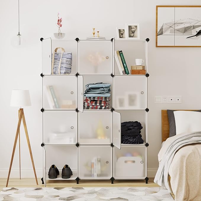 AWTATOS 12 Cube Storage Organizer with Doors, DIY Plastic Closet Shelf, Modular Bookshelf, Stackable Shelving Rack for Bedroom, Living Room, Translucent ULPZ011