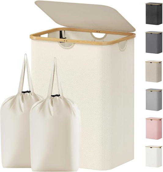 Lifewit 150L Laundry Basket with Lid, Clothes Hampers for Laundry with Bamboo Handles and 2 Removable Bag, Large Foldable Laundry Hamper for Bedroom, Bathroom, Dorm, Laundry Room, White