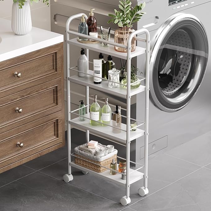 Asgolion Slim Storage Cart, 4-Tier Small Rolling Cart with Wheels, 5.9" Deep, Narrow Bathroom Shelf Trolley for Kitchen, Bathroom, Laundry Room, White Standard 4-Tier (5.9" W x 33.6" H)