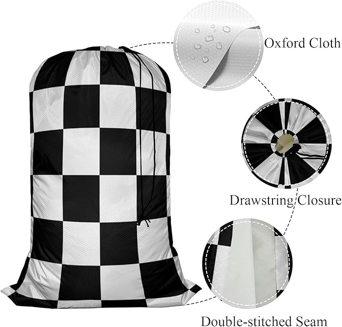 Swono Laundry Bag Drawstring Closure, Plaid Chess Board Black White Heavy Duty Laundry Portable for Home Dorm Room Essentials for Travel Camp, Oxford Cloth 28x40 Inch