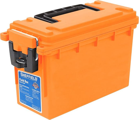 Sheffield 12630 Ammo Storage Box, Stackable .30 Cal Field Boxes, Water and Dust Resistant, Lockable Storage Box with Handle, Secures Hunting Gear, Supplies, and Bullets, Made in USA, Orange, 1-Pack