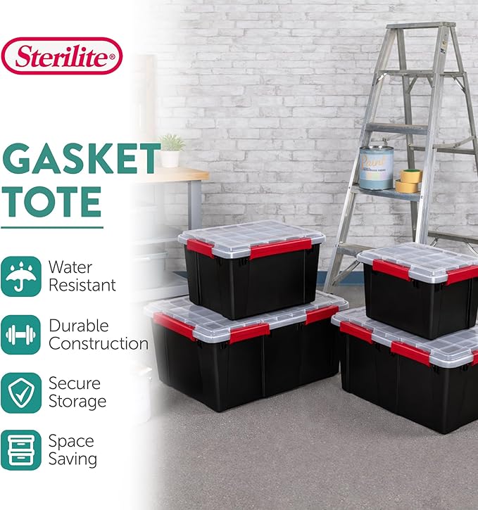 Sterilite 8 Pack Gasket Box, Stackable Plastic 13.5 Gallon Storage Container with Lids, Black - Waterproof and Dustproof Tote for Home Organization