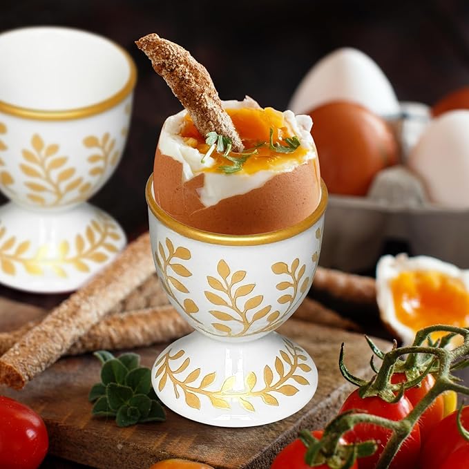 Cinf Ceramic Egg Cup Set of 2 Champagne Gold Porcelain Holder Breakfast Boiled Cooking Easy to Clean Childhood Memories Kitchen