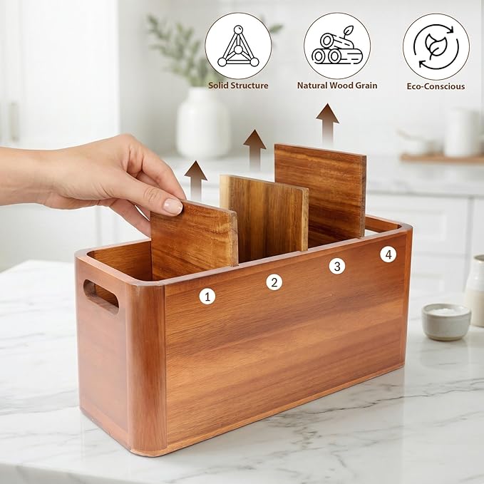Kitchen Utensil Holder for Countertop, Extra Large Acacia Wood Utensil Organizer, 4-Compartment Storage for Cooking Utensils, Silverware and Cutlery