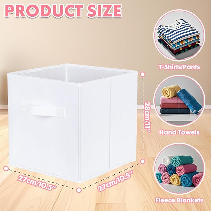 PowerKing Collapsible Storage Cubes with Handles, Fabric Foldable Bins for Closet Shelves, Durable Organization Storage Bins, 10.5'' x 11'' x 10.5'' (2Pack, White)
