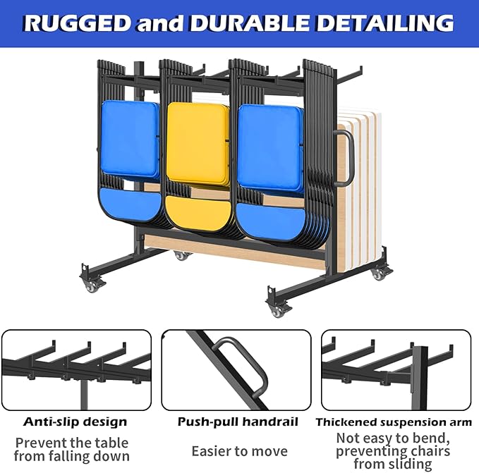 Folding Chair Racks for Storage, Heavy-Duty Folding Chair Cart with 550 LBS Capacity for 12 Tables or 42 Chairs, Multi-Function Chair Storage with Swivel Wheels, Dust Cover, 2 Binding Ropes