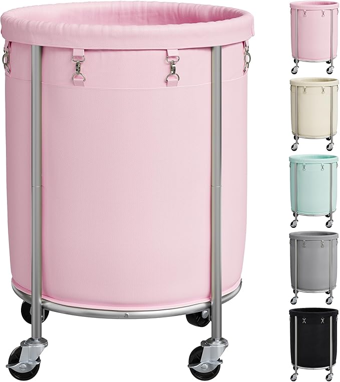ELYKEN 190L Laundry Basket with Wheels, Large Rolling Laundry Hamper with Removable Liner Bag, Round Rolling Laundry Cart, Dirty Clothes Hamper for Hotel, Home, Closet, Dorm, Pink
