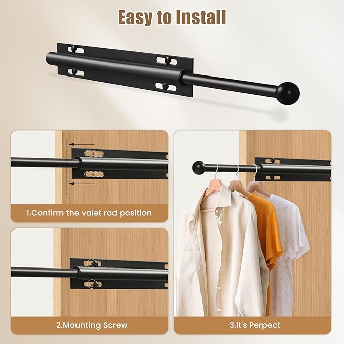Luvenia Valet Rod,Adjustable Closet Rod,16in Heavy Duty Stainless Steel Closet Rods For Hanging Clothes,Valet Rod For Closet Pull Out For Closet, Laundry Room, Bedroom, Bathroom(Black)