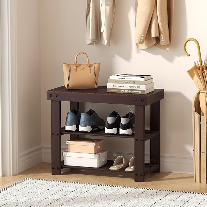 Sweetcrispy Shoe Rack Bench, 3-Tier Bamboo Entryway Storage Organizer, 286lb Capacity, Shoes Stand for FrontDoor Entrance, Bedroom, Living Room, Bathroom, Balcony, 19 Inches Length, Brown