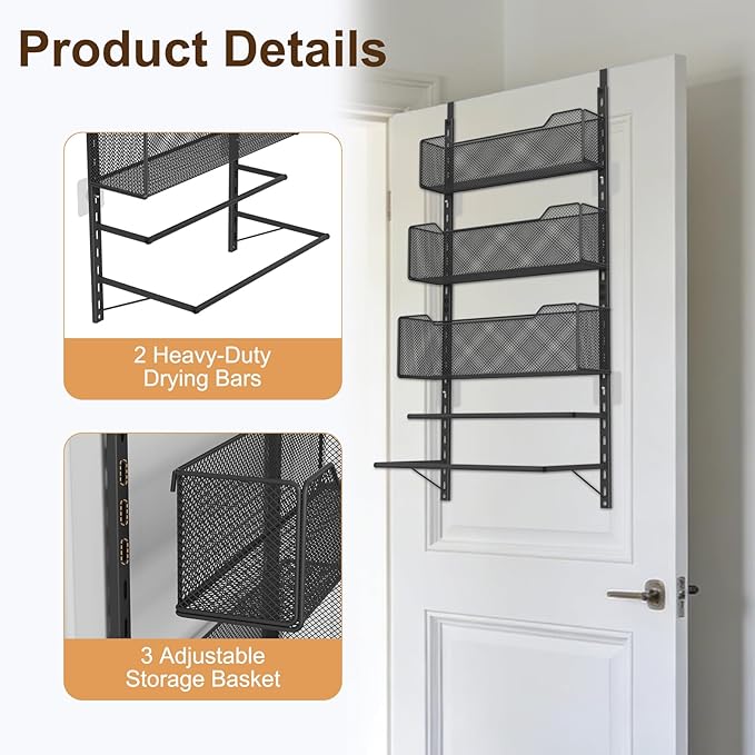 VyGrow Over the Door Storage Organizer with 3 Tier Mesh Baskets 2 Hanging Rods, 2 Mounting Options, Heavy Duty Clothes Hanger & Towel Rack for Bathroom Bedroom Office, Black