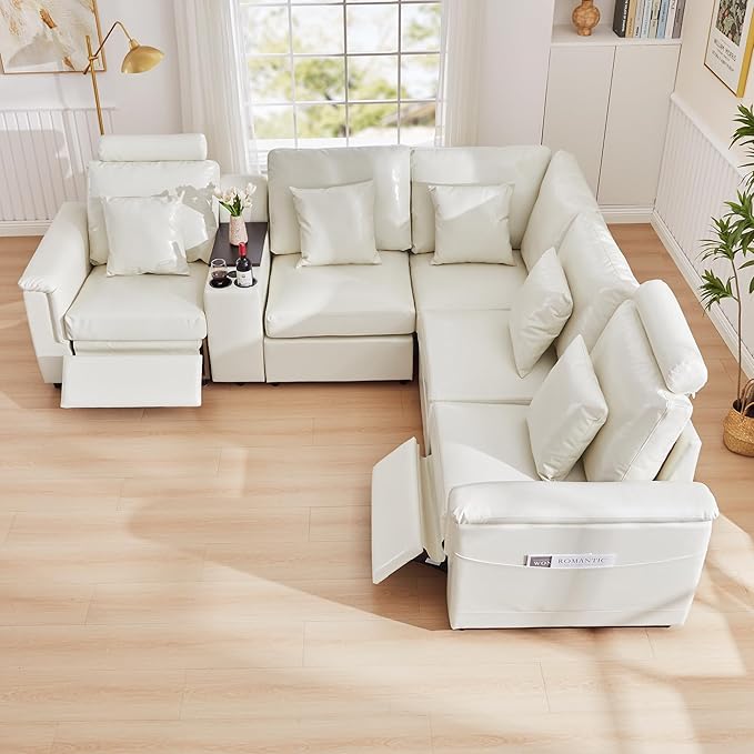 LEVNARY 5-Seat L Shaped Modular Sectional Sofa with Power Recliners, Upholstered Faux Leather Couch Storage Console with Charging Ports & Cup Holders, Living Room Couch Set for Home Office (White)