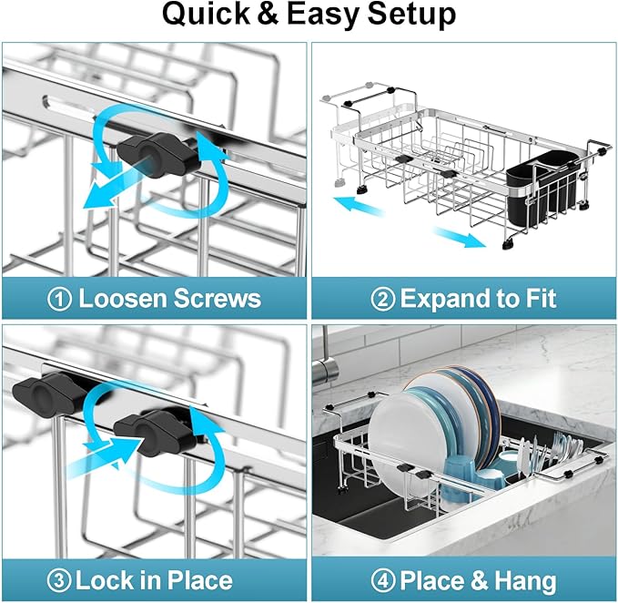 GSlife Small Sink Dish Drying Rack - 9" W Expandable Stainless Steel Compact Dish Drainer for RV, Apartment, Camper, Kitchen, Dish Strainer with Lock Knob, 11.9"-16.7" L, Silver