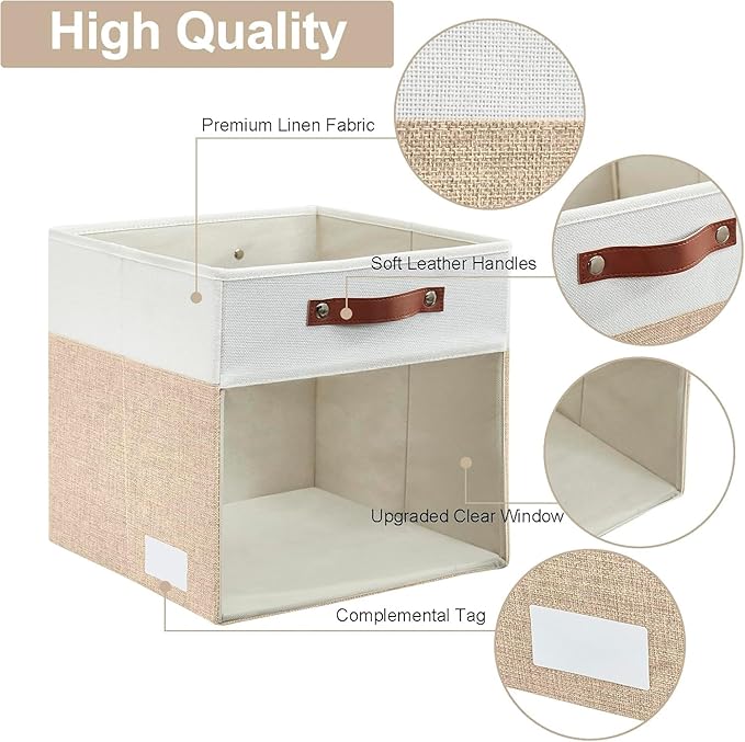 Bagnizer Storage Cubes, 4 Pack Linen Foldable Storage Bins with Clear Window and 2 Handles, 13x15x13 Storage Cube Bins for Shelf Closet, Kallax, Clothes, Books - (Beige and White)