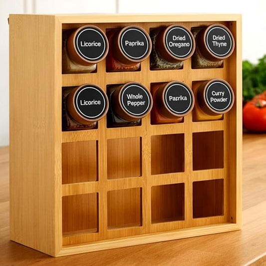 Novabright 16 Grids Bamboo Spice Rack Organizer, Wooden Spice Rack Wall Mount with Square Compartments, Wood Hanging Shelf for 4 oz Glass Jar Drawer Cabinet Kitchen Countertop Wall