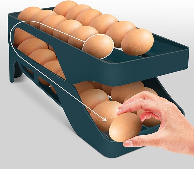 Egg Holder for Fridge Automatic Rolling Egg Dispenser for Refrigerator Kitchen Countertop - Space-saving Egg Roller/Organizer/Storage/Container/Tray for Fridge Double Track