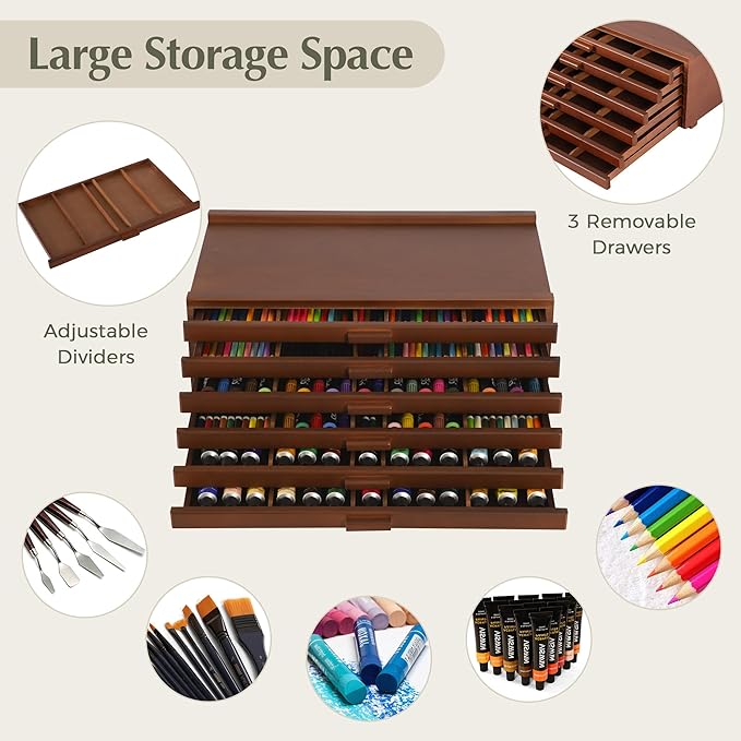VISWIN 6-Drawer Art Supply Storage Organizer, Beech Wood Artist Storage Box with Removable Dividers, Portable Art Box for Paints, Brushes, Pencils, Pens, Pastels - Walnut