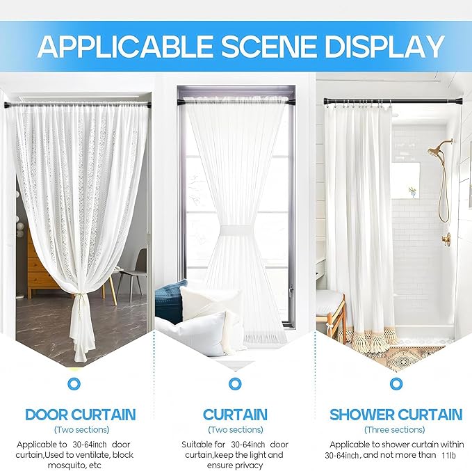 1 Pack Spring Tension Rods 30-64 Inches, 7/8 Inch Diameter Black No Drill Spring Loaded Adjustable Extendable, Small Short Tension Curtain Rod for Windows Kitchen Doorway Closet Cupboard
